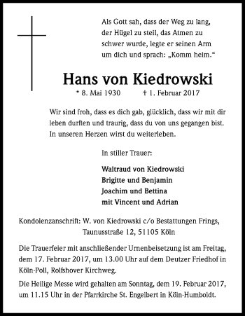 Anzeige von Hans von Kiedrowski von Kölner Stadt-Anzeiger / Kölnische Rundschau / Express