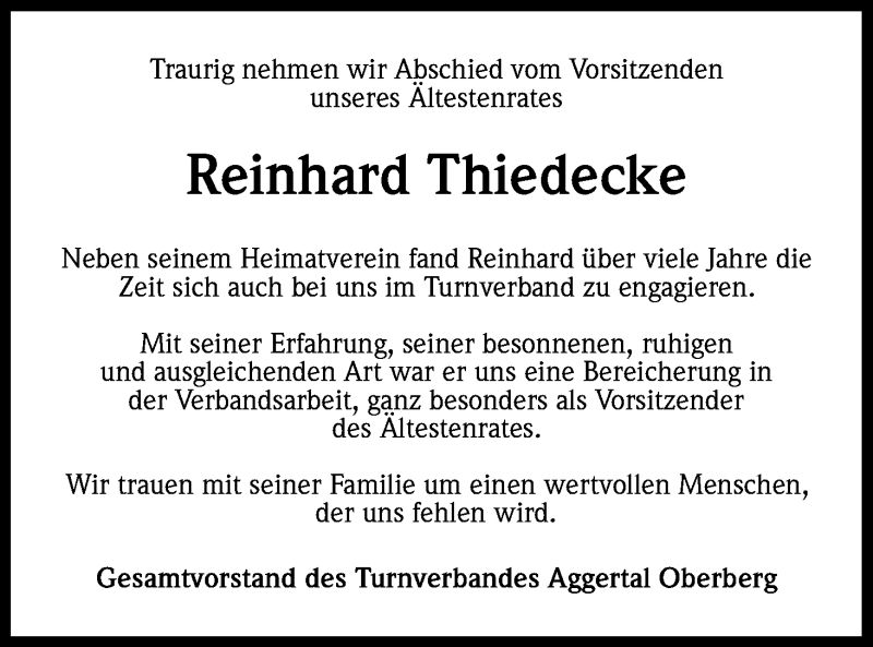  Traueranzeige für Reinhard Thiedecke vom 13.02.2017 aus Kölner Stadt-Anzeiger / Kölnische Rundschau / Express