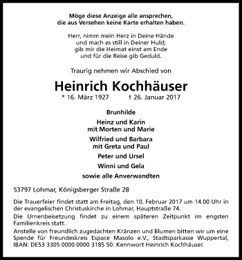 Anzeige von Heinrich Kochhäuser von Kölner Stadt-Anzeiger / Kölnische Rundschau / Express