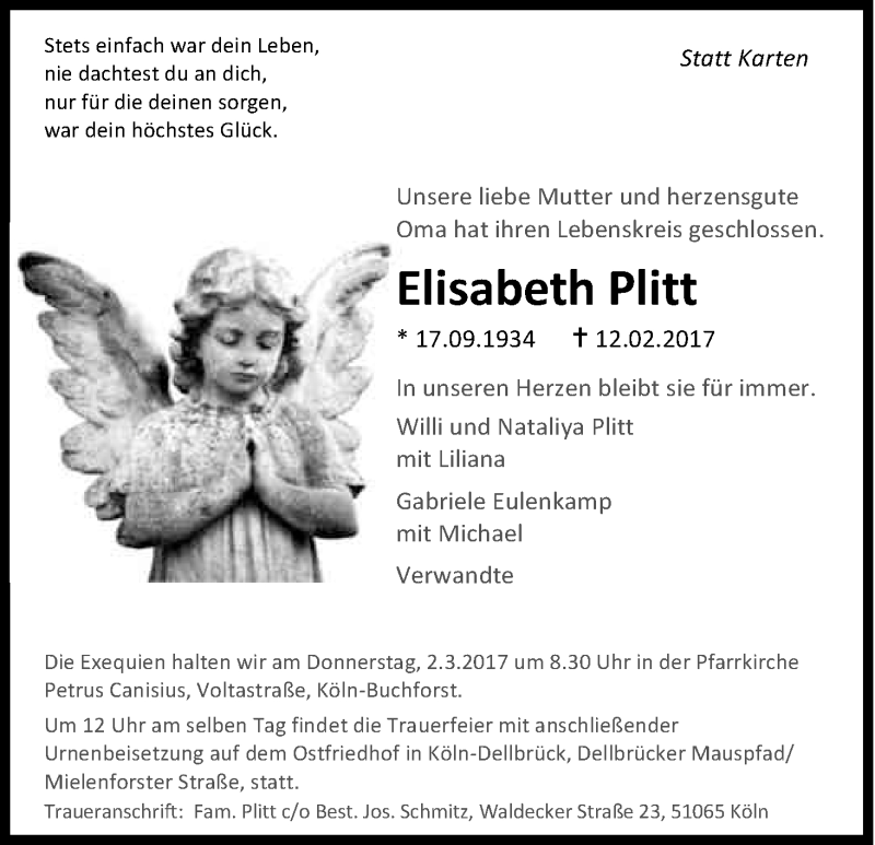  Traueranzeige für Elisabeth Plitt vom 25.02.2017 aus Kölner Stadt-Anzeiger / Kölnische Rundschau / Express