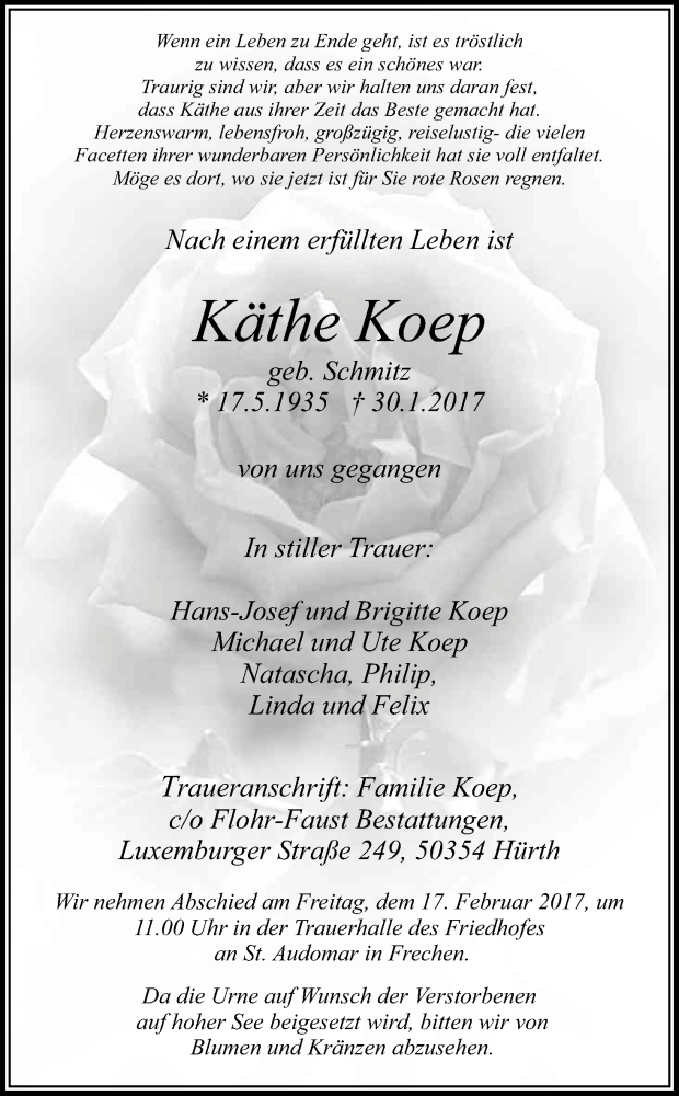 Traueranzeige für Käthe Koep vom 11.02.2017 aus Kölner Stadt-Anzeiger / Kölnische Rundschau / Express