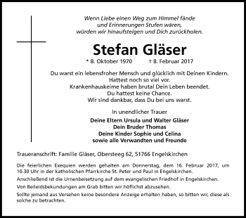 Anzeige von Stefan Gläser von Kölner Stadt-Anzeiger / Kölnische Rundschau / Express
