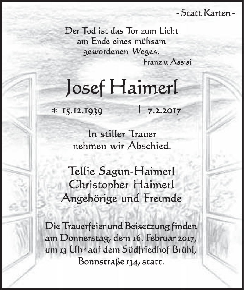  Traueranzeige für Josef Haimerl vom 15.02.2017 aus  Schlossbote/Werbekurier 