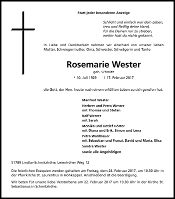 Anzeige von Rosemarie Wester von Kölner Stadt-Anzeiger / Kölnische Rundschau / Express