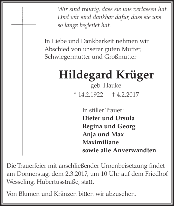 Anzeige von Hildegard Krüger von  Schlossbote/Werbekurier 