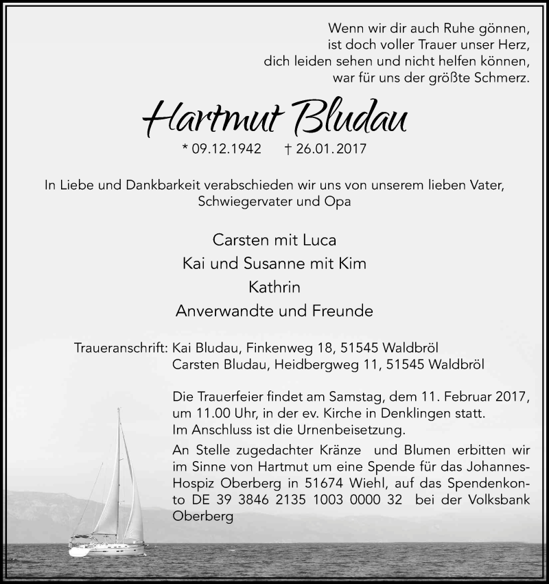  Traueranzeige für Hartmut Bludau vom 04.02.2017 aus Kölner Stadt-Anzeiger / Kölnische Rundschau / Express