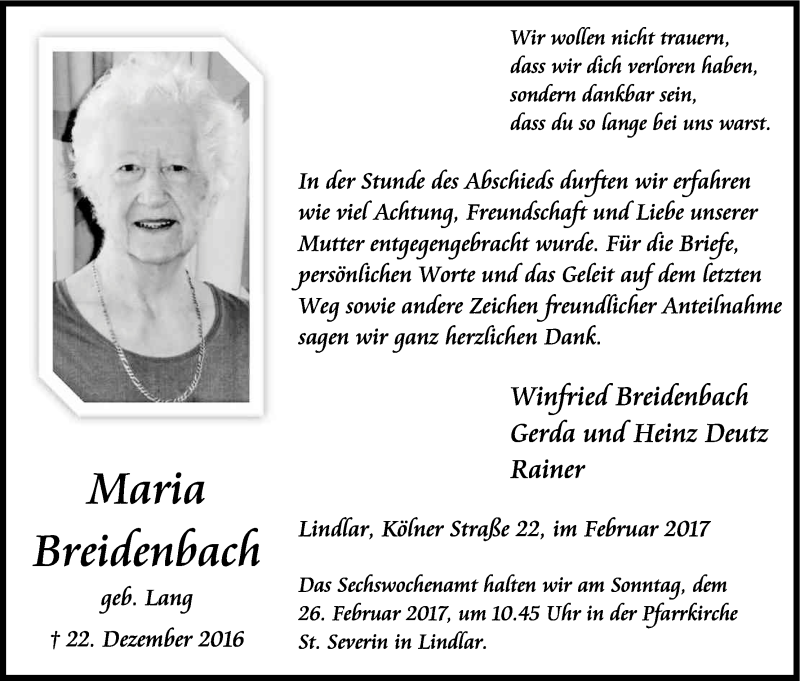  Traueranzeige für Maria Breidenbach vom 18.02.2017 aus Kölner Stadt-Anzeiger / Kölnische Rundschau / Express