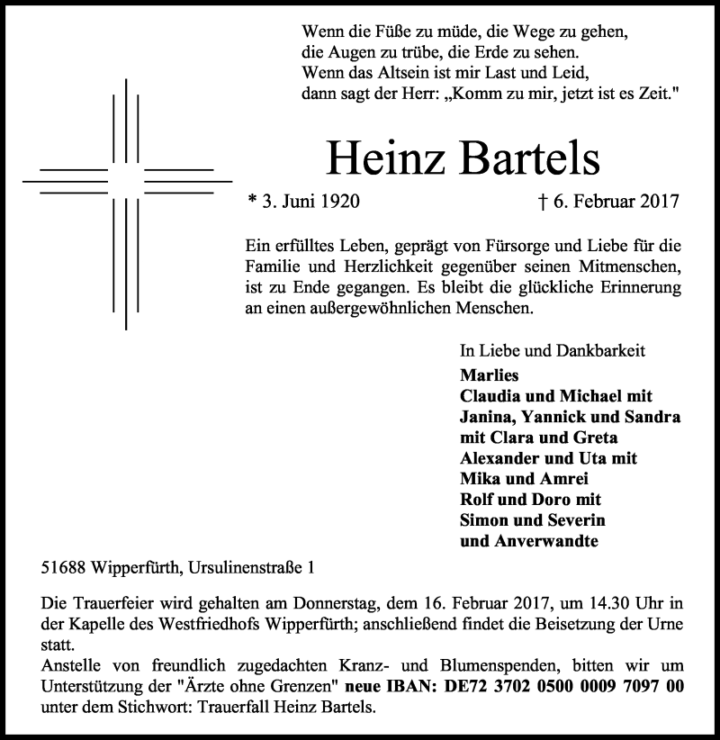  Traueranzeige für Heinz Bartels vom 14.02.2017 aus Kölner Stadt-Anzeiger / Kölnische Rundschau / Express