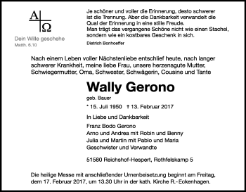Anzeige von Wally Gerono von Kölner Stadt-Anzeiger / Kölnische Rundschau / Express