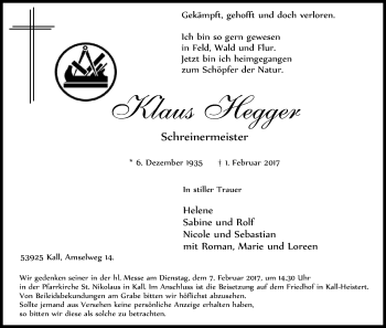 Anzeige von Klaus Hegger von Kölner Stadt-Anzeiger / Kölnische Rundschau / Express