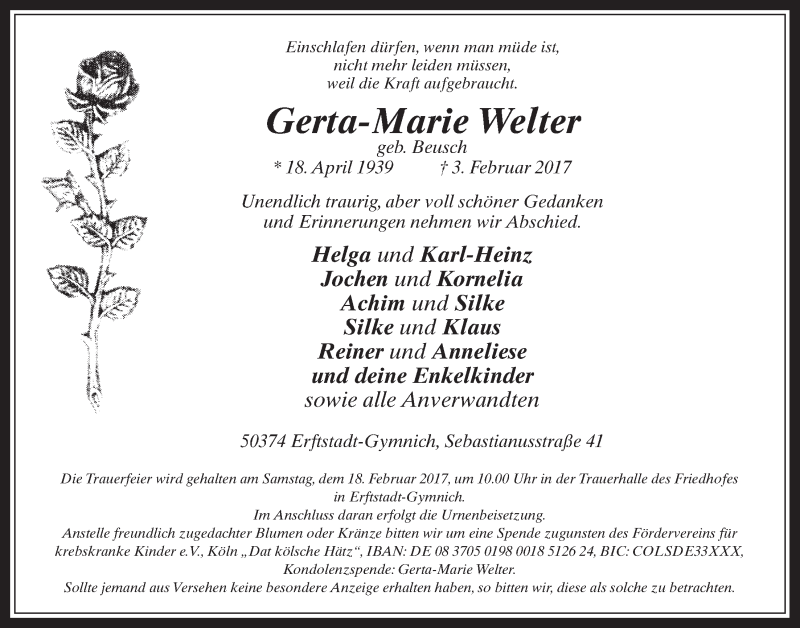  Traueranzeige für Gerta-Marie Welter vom 15.02.2017 aus  Werbepost 