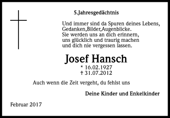 Anzeige von Josef Hansch von Kölner Stadt-Anzeiger / Kölnische Rundschau / Express