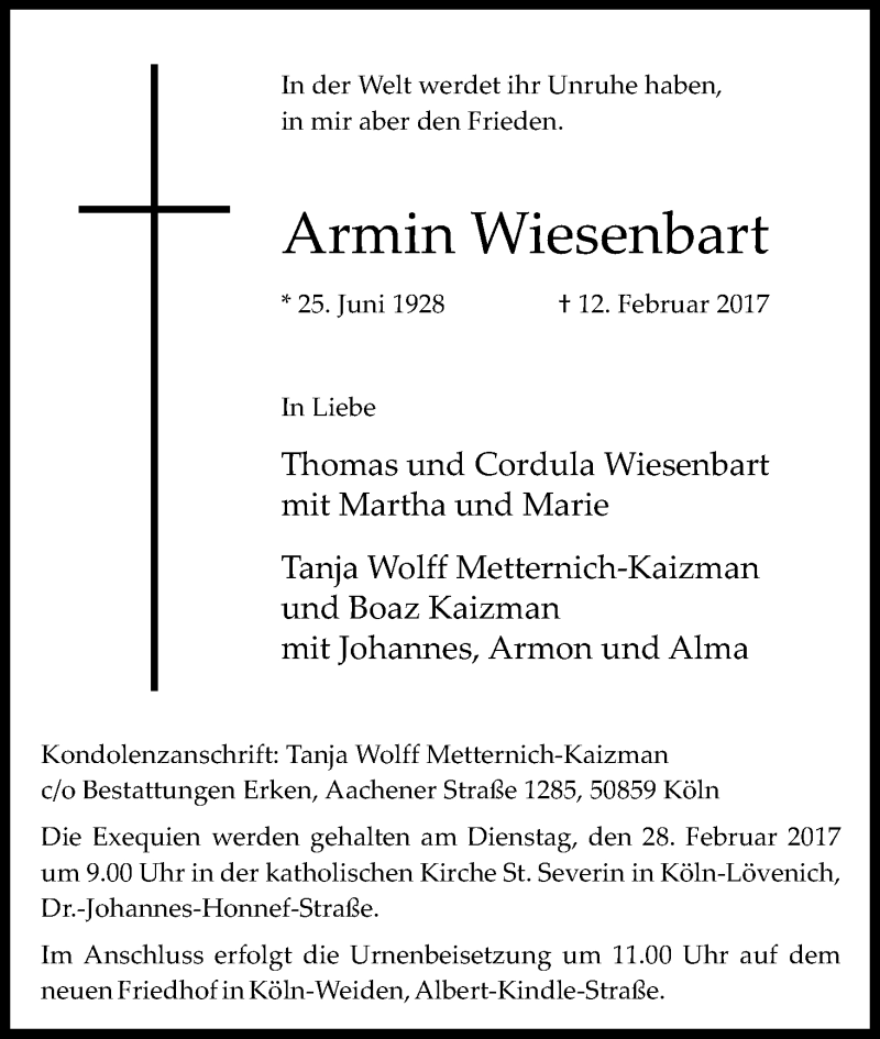  Traueranzeige für Armin Wiesenbart vom 18.02.2017 aus Kölner Stadt-Anzeiger / Kölnische Rundschau / Express