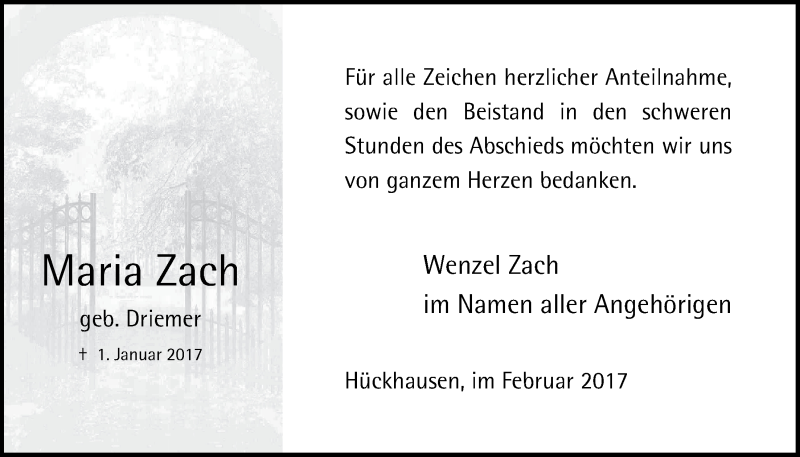  Traueranzeige für Maria Zach vom 22.02.2017 aus  Anzeigen Echo 