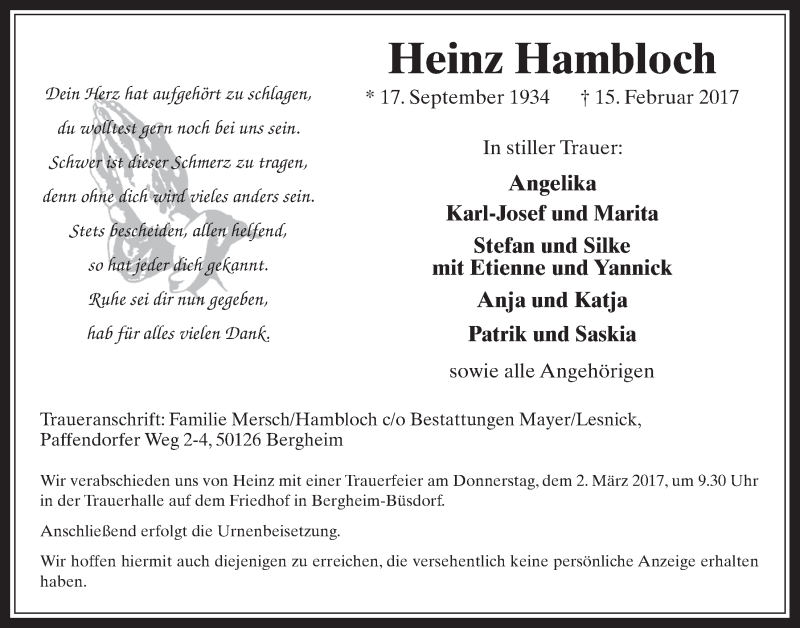 Traueranzeige für Heinz Hambloch vom 22.02.2017 aus  Werbepost 
