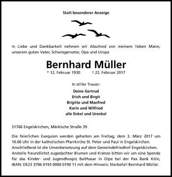 Anzeige von Bernhard Müller von Kölner Stadt-Anzeiger / Kölnische Rundschau / Express