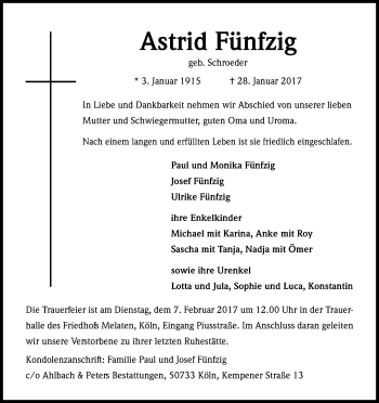 Anzeige von Astrid Fünfzig von Kölner Stadt-Anzeiger / Kölnische Rundschau / Express