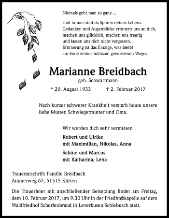 Anzeige von Marianne Breidbach von Kölner Stadt-Anzeiger / Kölnische Rundschau / Express