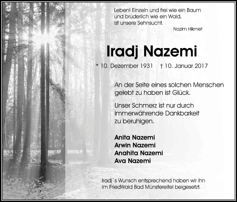  Traueranzeige für Iradj Nazemi vom 04.02.2017 aus Kölner Stadt-Anzeiger / Kölnische Rundschau / Express