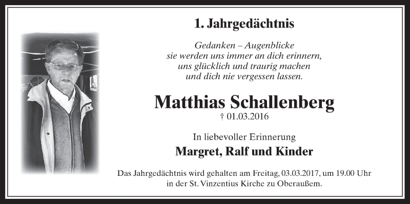  Traueranzeige für Matthias Schallenberg vom 01.03.2017 aus  Werbepost 