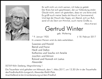 Anzeige von Gertrud Winter von Kölner Stadt-Anzeiger / Kölnische Rundschau / Express