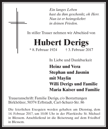 Anzeige von Hubert Derigs von  Werbepost 