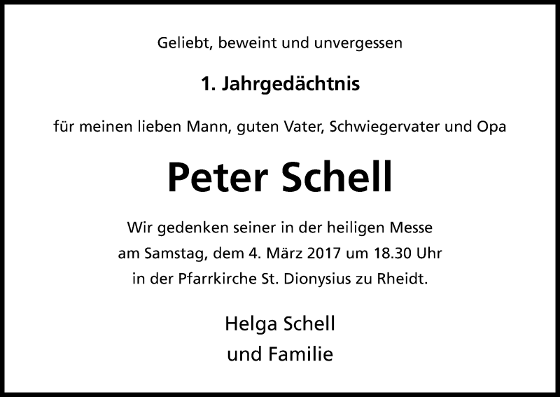  Traueranzeige für Peter Schell vom 01.03.2017 aus Kölner Stadt-Anzeiger / Kölnische Rundschau / Express