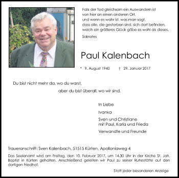 Anzeige von Paul Kalenbach von Kölner Stadt-Anzeiger / Kölnische Rundschau / Express