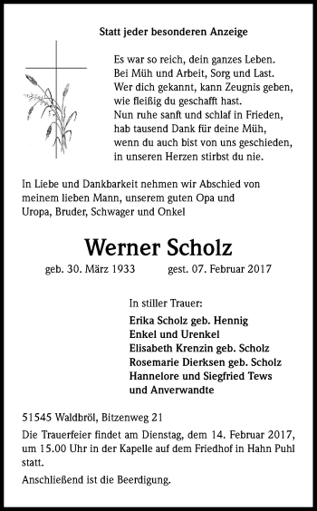 Anzeige von Werner Scholz von Kölner Stadt-Anzeiger / Kölnische Rundschau / Express