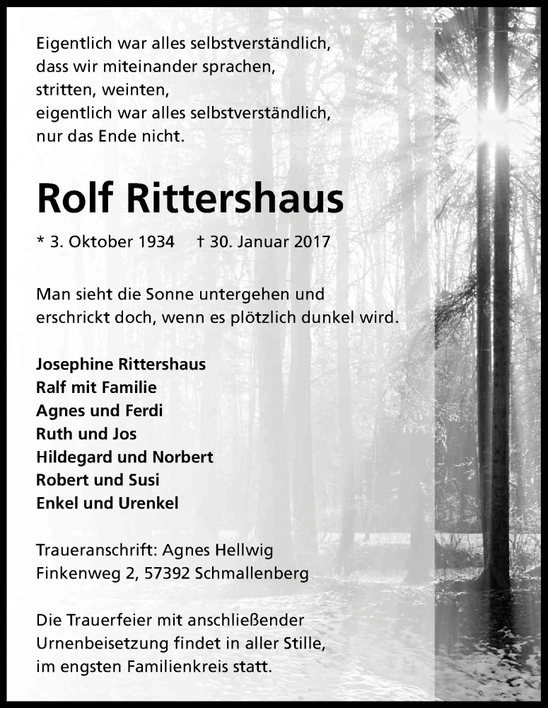  Traueranzeige für Rolf Rittershaus vom 08.02.2017 aus Kölner Stadt-Anzeiger / Kölnische Rundschau / Express