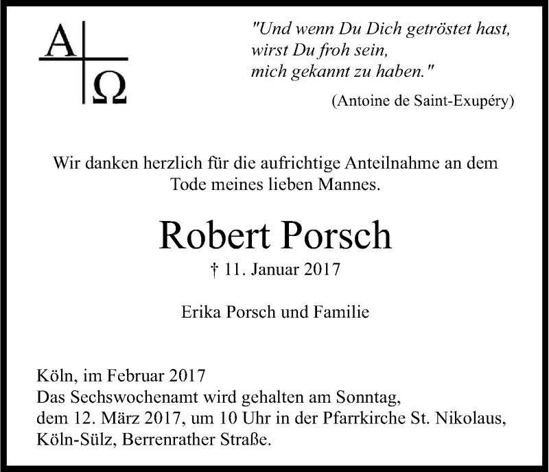  Traueranzeige für Robert Porsch vom 22.02.2017 aus Kölner Stadt-Anzeiger / Kölnische Rundschau / Express