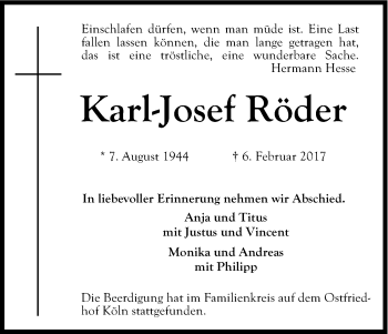 Anzeige von Karl-Josef Röder von Kölner Stadt-Anzeiger / Kölnische Rundschau / Express