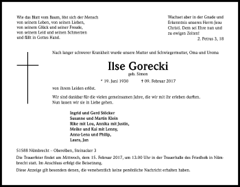 Anzeige von Ilse Gorecki von Kölner Stadt-Anzeiger / Kölnische Rundschau / Express
