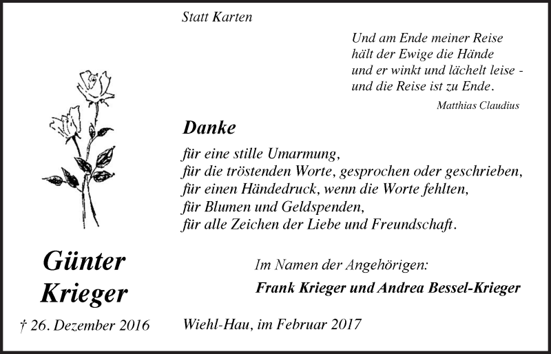  Traueranzeige für Günter Krieger vom 08.02.2017 aus  Anzeigen Echo 