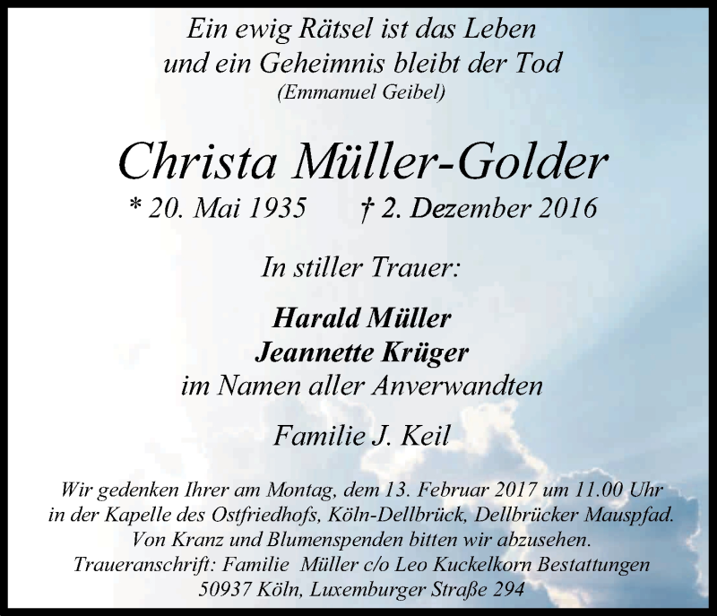  Traueranzeige für Christa Müller-Golder vom 08.02.2017 aus Kölner Stadt-Anzeiger / Kölnische Rundschau / Express