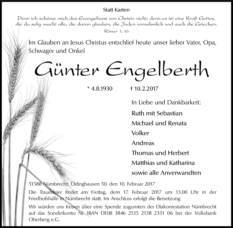  Traueranzeige für Günter Engelberth vom 14.02.2017 aus Kölner Stadt-Anzeiger / Kölnische Rundschau / Express