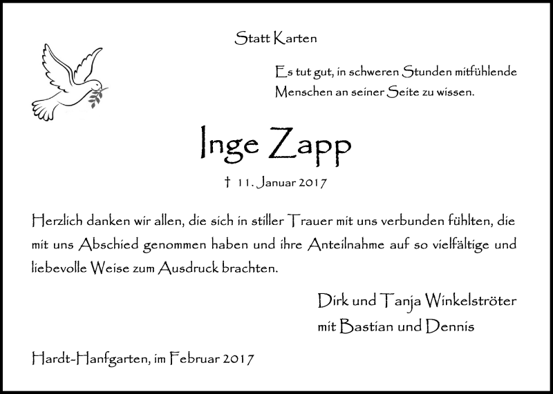  Traueranzeige für Inge Zapp vom 22.02.2017 aus  Anzeigen Echo 