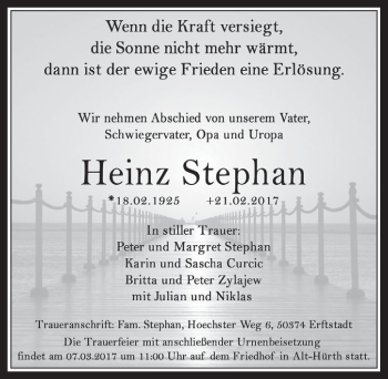 Anzeige von Heinz Stephan von  Wochenende 