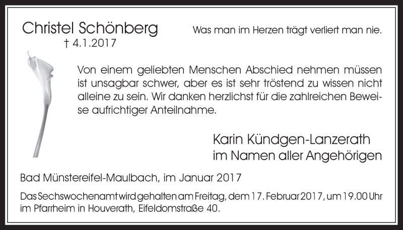  Traueranzeige für Christel Schönberg vom 11.02.2017 aus  Blickpunkt Euskirchen 