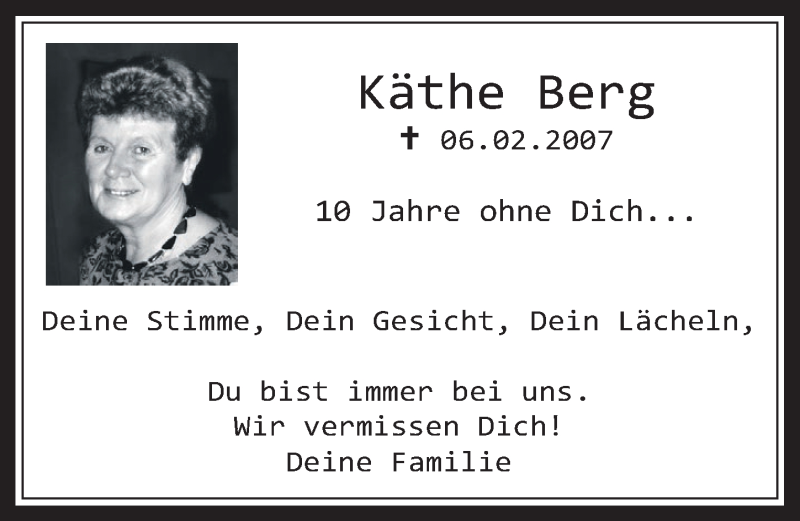  Traueranzeige für Käthe Berg vom 08.02.2017 aus  Wochenende 