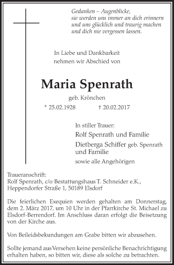 Anzeige von Maria Spenrath von  Sonntags-Post 