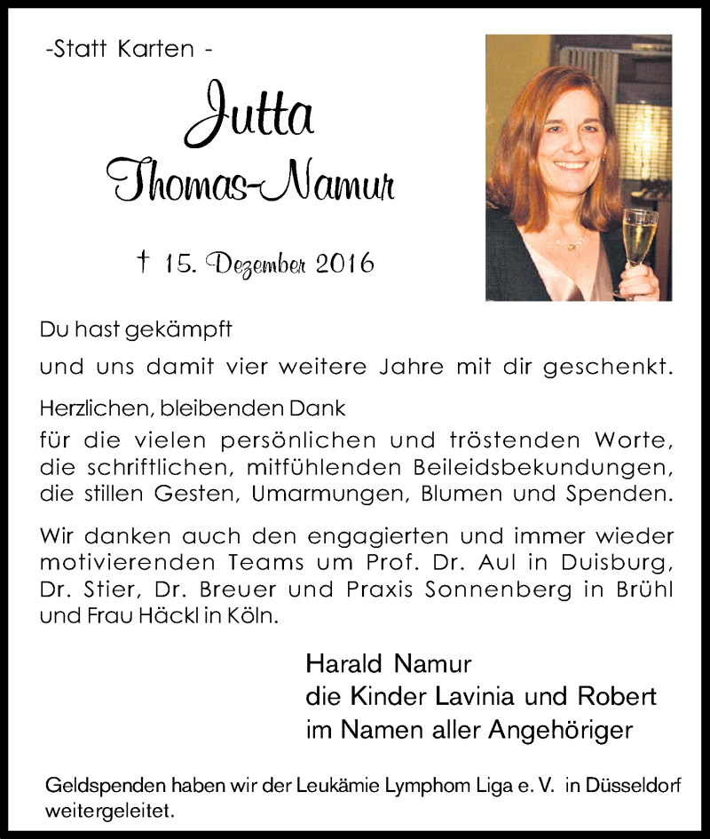  Traueranzeige für Jutta Thomas-Namur vom 04.02.2017 aus Kölner Stadt-Anzeiger / Kölnische Rundschau / Express