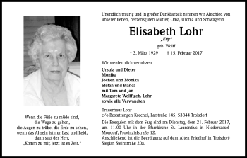 Anzeige von Elisabeth Lohr von Kölner Stadt-Anzeiger / Kölnische Rundschau / Express
