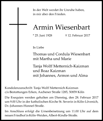 Anzeige von Armin Wiesenbart von Kölner Stadt-Anzeiger / Kölnische Rundschau / Express