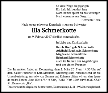 Anzeige von Illa Schmerkotte von Kölner Stadt-Anzeiger / Kölnische Rundschau / Express