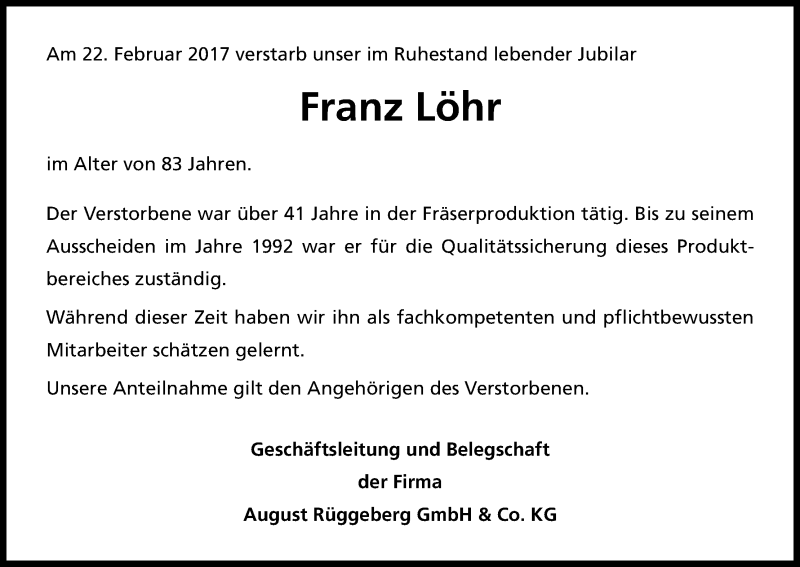  Traueranzeige für Franz Löhr vom 01.03.2017 aus Kölner Stadt-Anzeiger / Kölnische Rundschau / Express