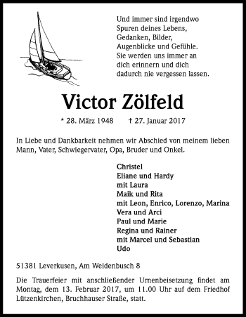 Anzeige von Victor Zölfeld von Kölner Stadt-Anzeiger / Kölnische Rundschau / Express