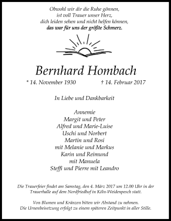 Anzeige von Bernhard Hombach von Kölner Stadt-Anzeiger / Kölnische Rundschau / Express