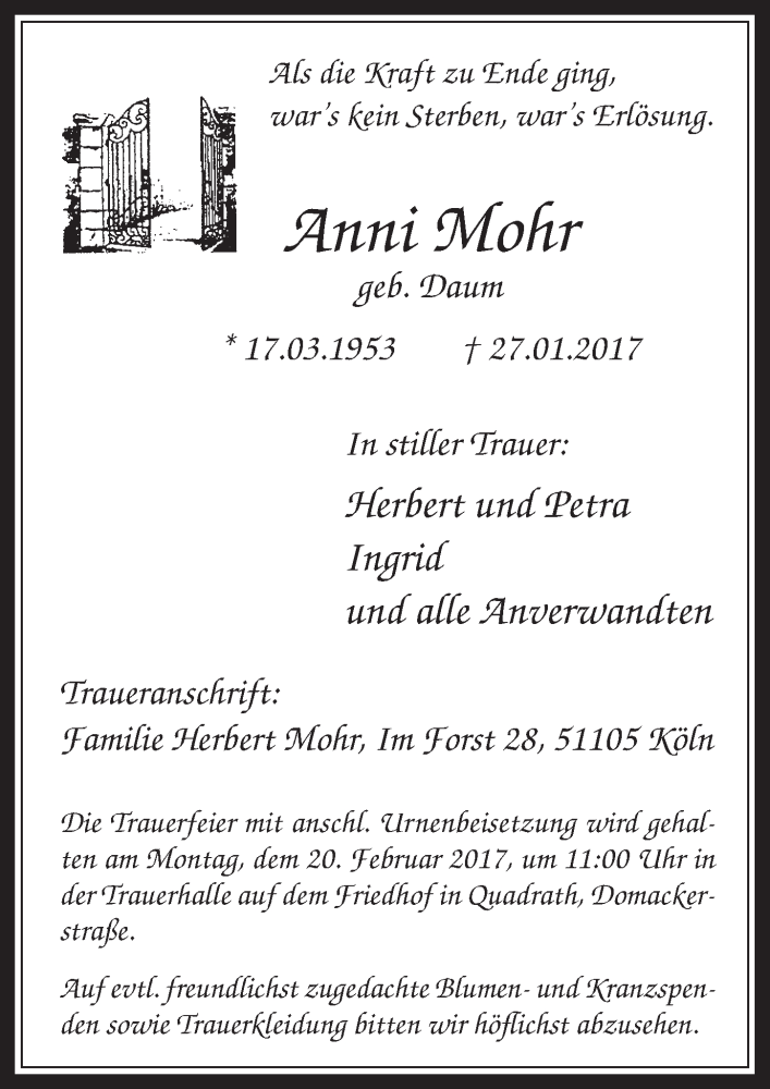  Traueranzeige für Anni Mohr vom 15.02.2017 aus  Werbepost 