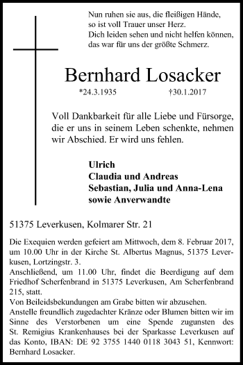 Anzeige von Bernhard Losacker von Kölner Stadt-Anzeiger / Kölnische Rundschau / Express